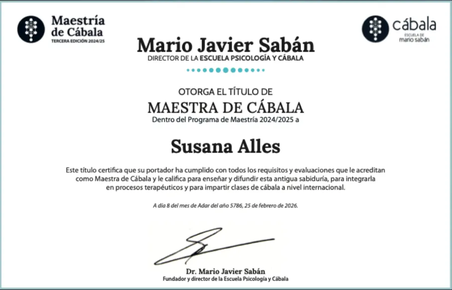 Título de Maestra de Cábala otorgado a Susana Alles por el Dr. Mario Javier Sabán, Escuela Psicología y Cábala