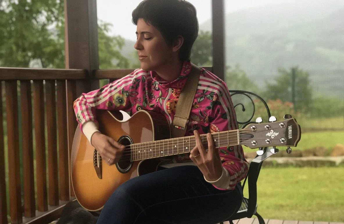 Susana Alles toca la guitarra acústica en un porche de madera, con montañas y niebla al fondo