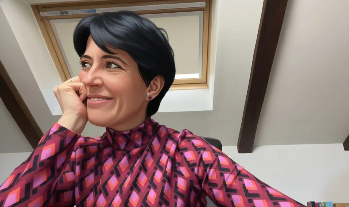 Susana Alles sonríe con la mano en la mejilla, con un jersey de estampado geométrico granate y fucsia