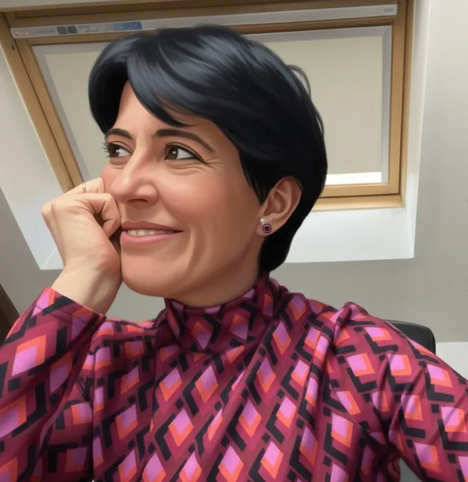 Retrato de Susana Alles, sonriente, con la mano en la mejilla